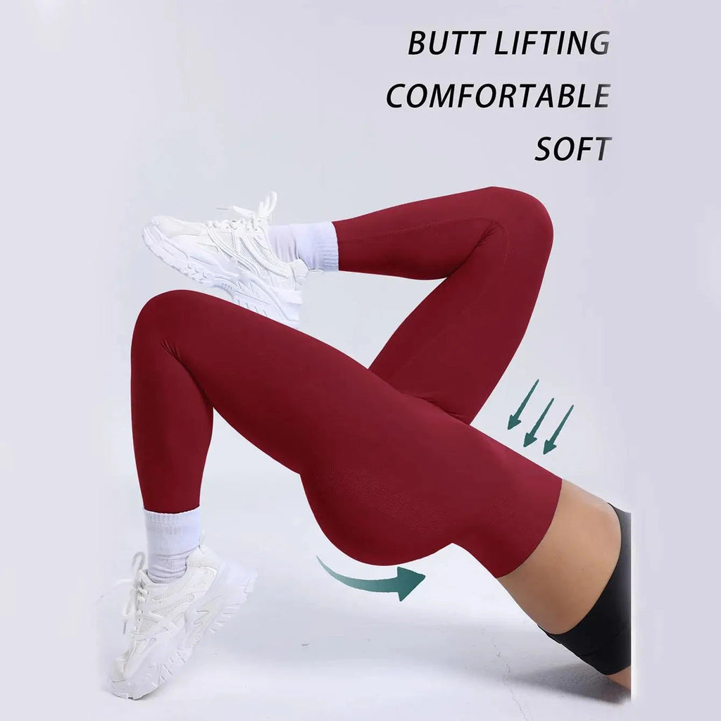 "Red seamless leggings for women with high waist and push-up design, offering comfort and support for running, yoga, and fitness training."