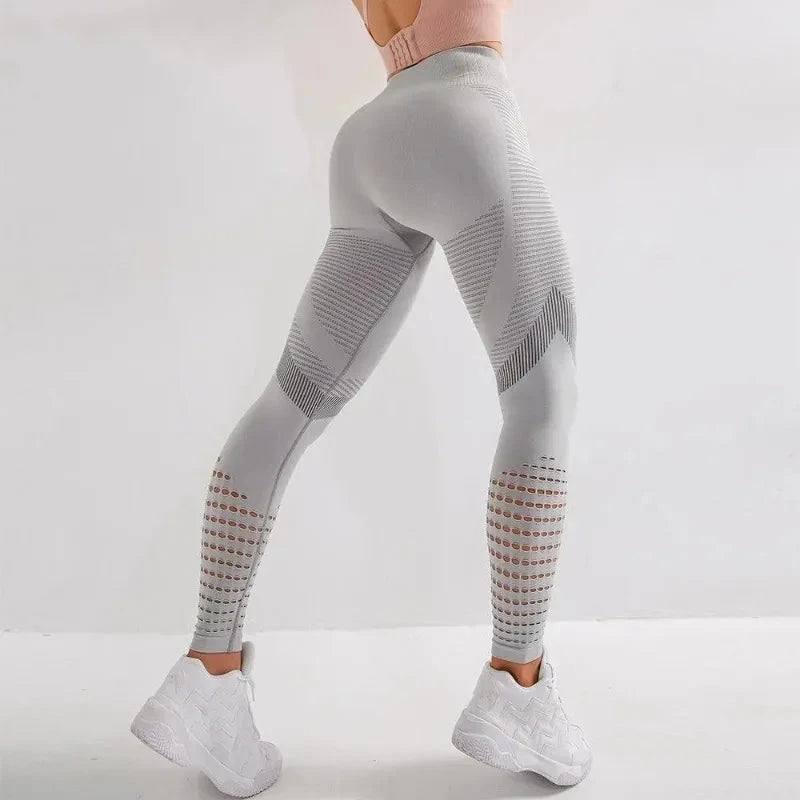 "Women Fitness Leggings High Waist Seamless Leggings Sportswear in light grey with booty lifting design and breathable mesh panels"