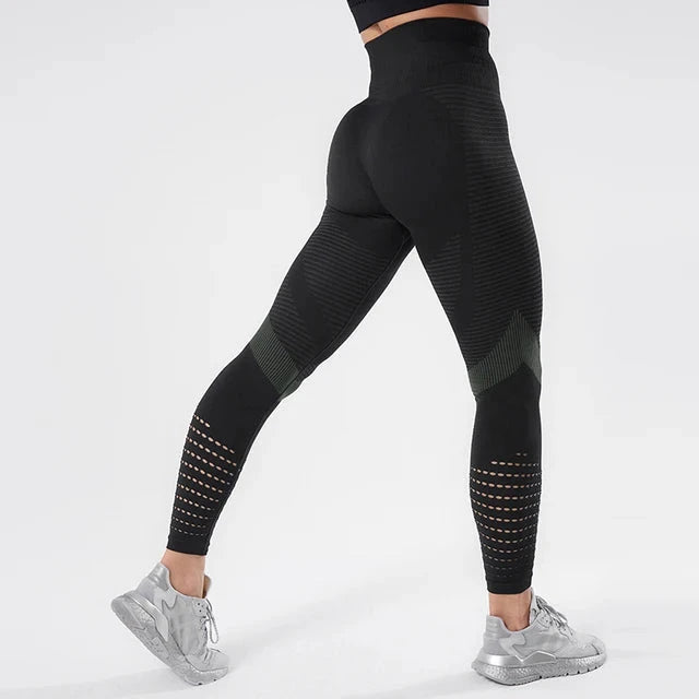 "Black seamless Women Fitness Leggings High Waist Leggings Sportswear with contour shading and breathable mesh panels."