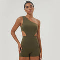 "Olive green one-shoulder padded jumpsuit for women, ideal for yoga and gym wear with breathable and elastic material."