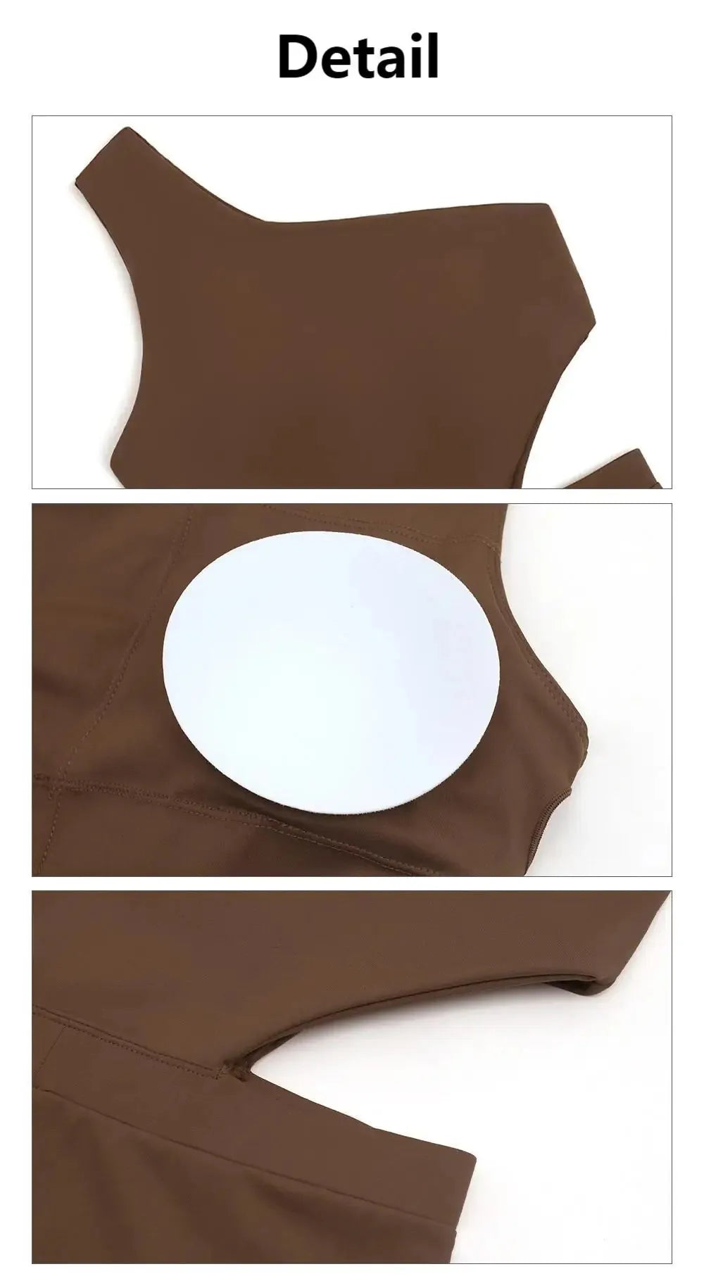 "Close-up detail of brown one-shoulder jumpsuit showing padded insert, seamless stitching, and elastic fabric for comfort."