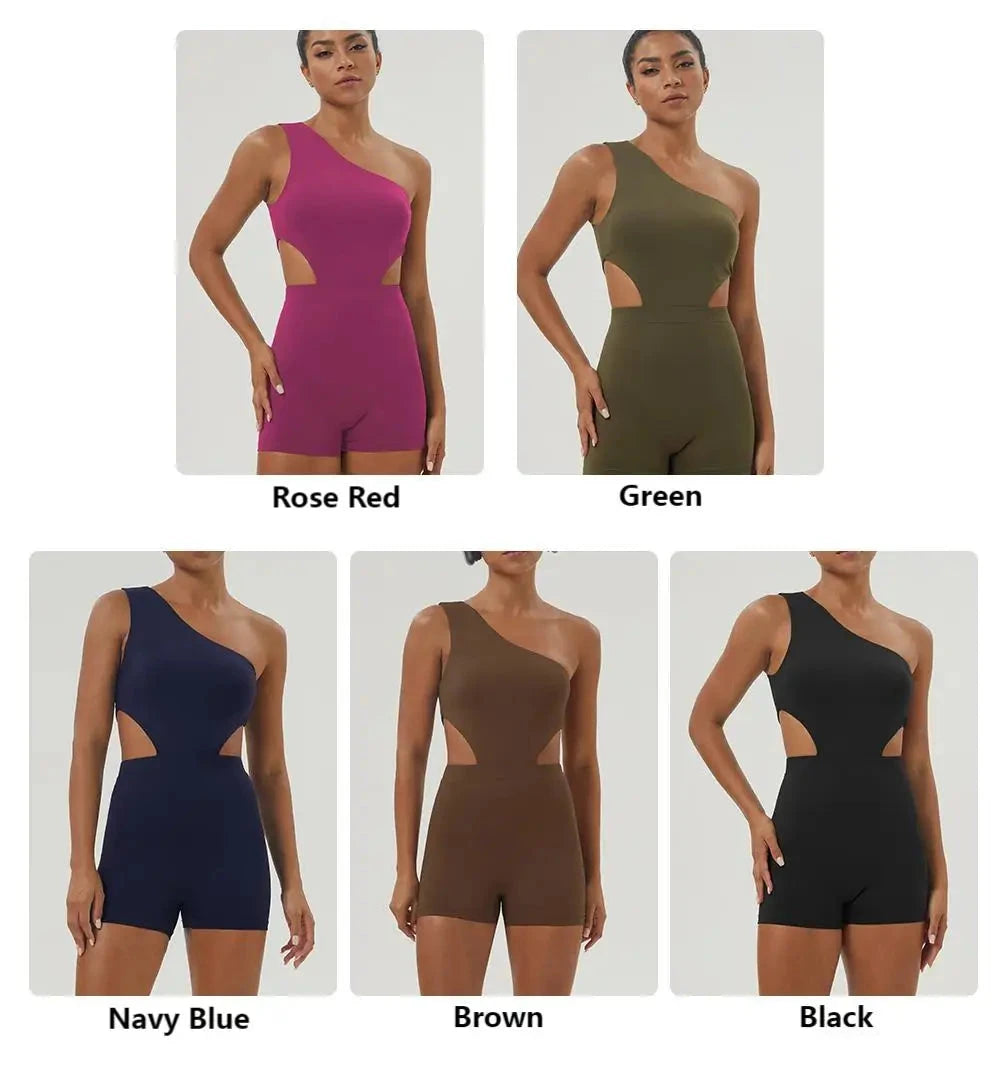 "Color options for Women One-Shoulder Sport Bodyduit Jumpsuit including rose red, green, navy blue, brown, and black."