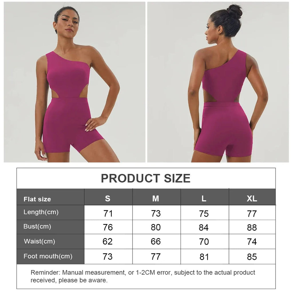 "Size chart for Women One-Shoulder Sport Bodyduit Jumpsuit in rose red, showing measurements for S to XL in cm."