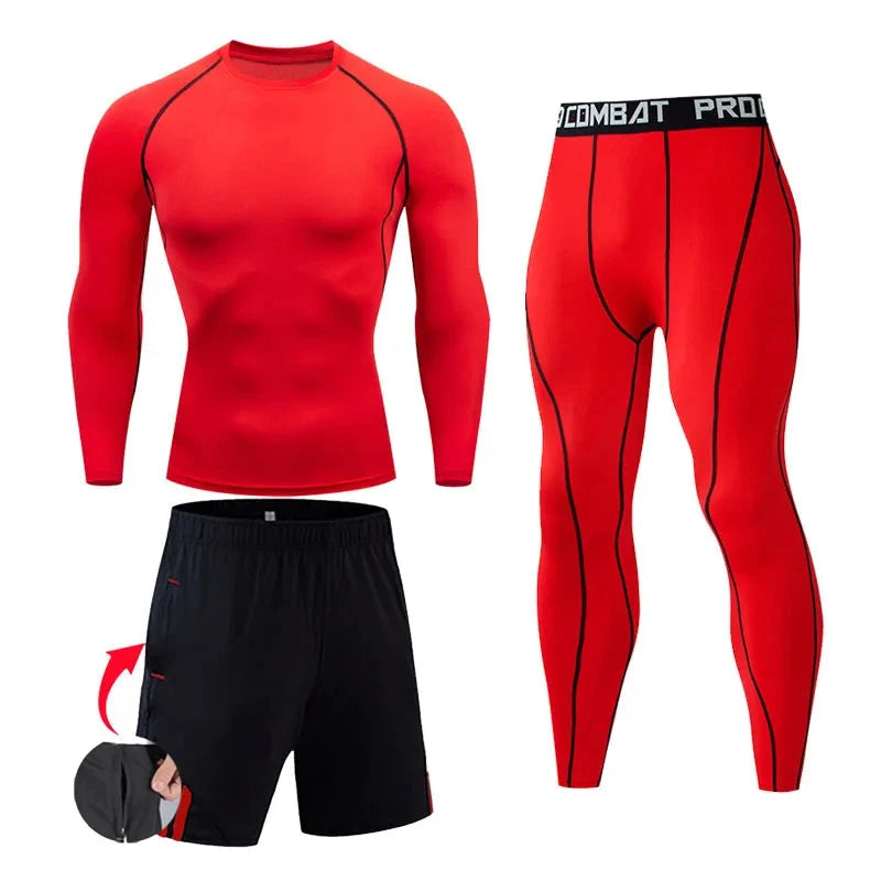 "Bright red men's compression sportswear set with black shorts, includes long-sleeve top and tights for gym or athletic training."