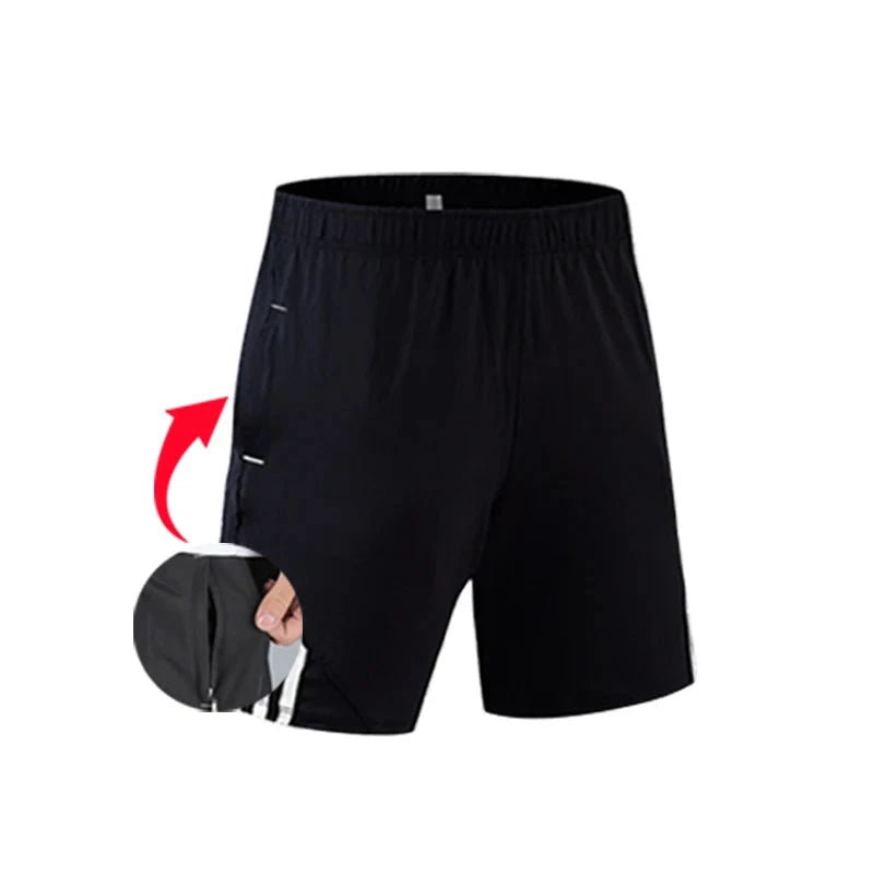 "Black men's workout shorts with zippered pocket detail, ideal for pairing with compression tops and tights for gym use."