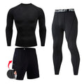 "\"All-black men's compression gym set with long-sleeve top, tights, and shorts, ideal for bodybuilding or running.\""