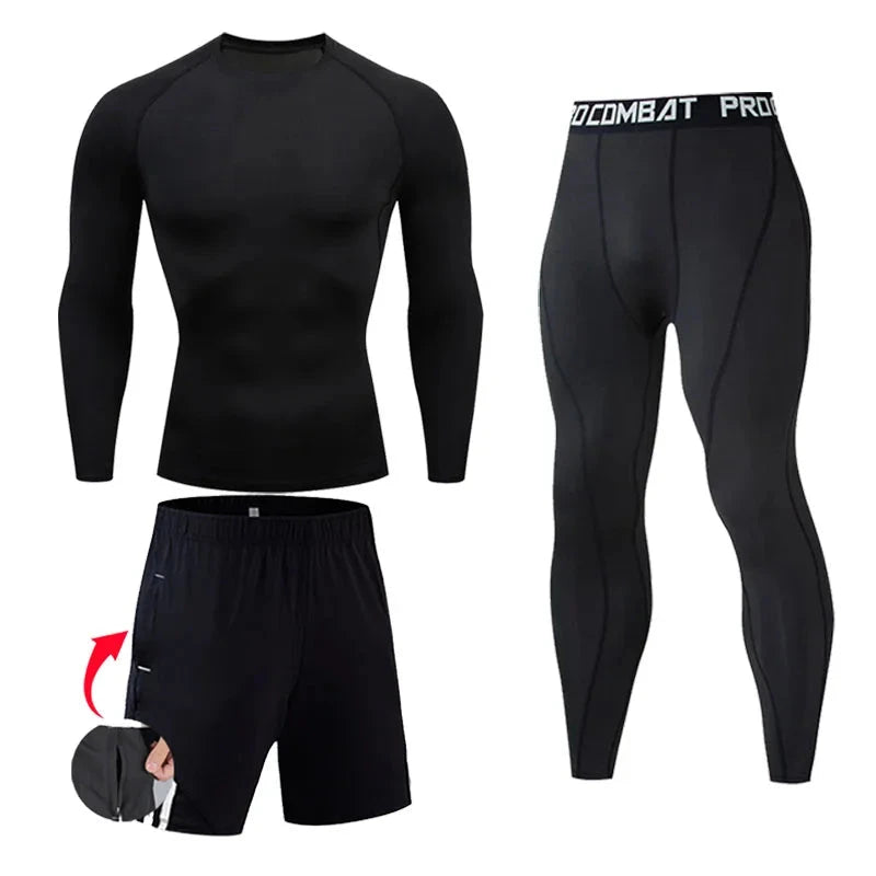 "\"All-black men's compression gym set with long-sleeve top, tights, and shorts, ideal for bodybuilding or running.\""