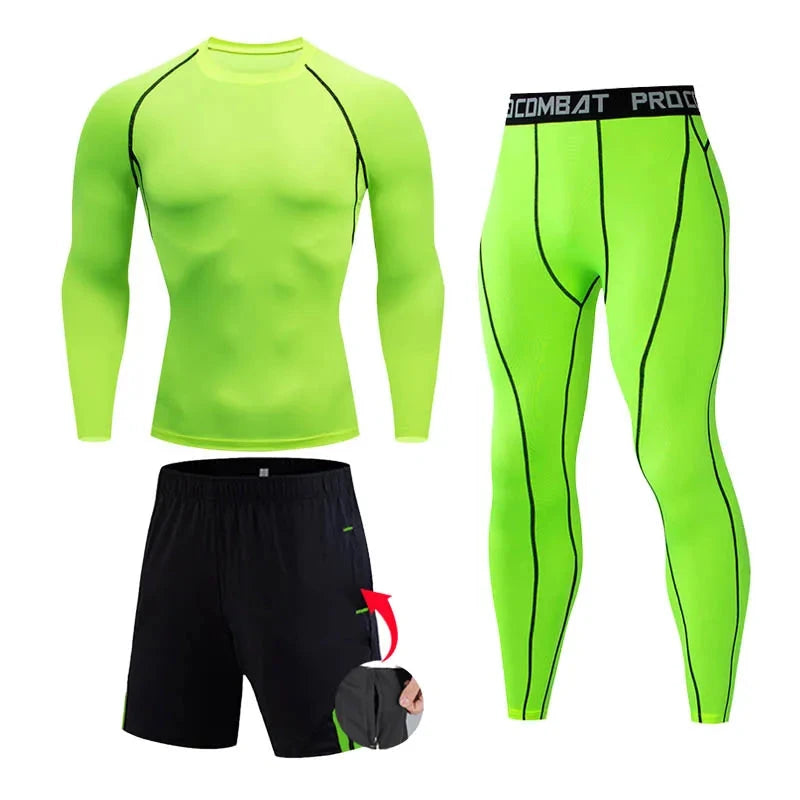 "\"Neon green men's compression sportswear set with black shorts, includes long-sleeve top and tights for gym or running.\""