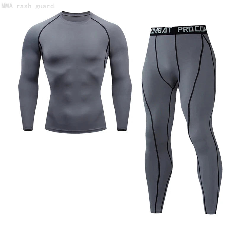 "\"Gray men's compression sportswear set with black seam detailing, includes long-sleeve top and leggings for training or yoga.\""