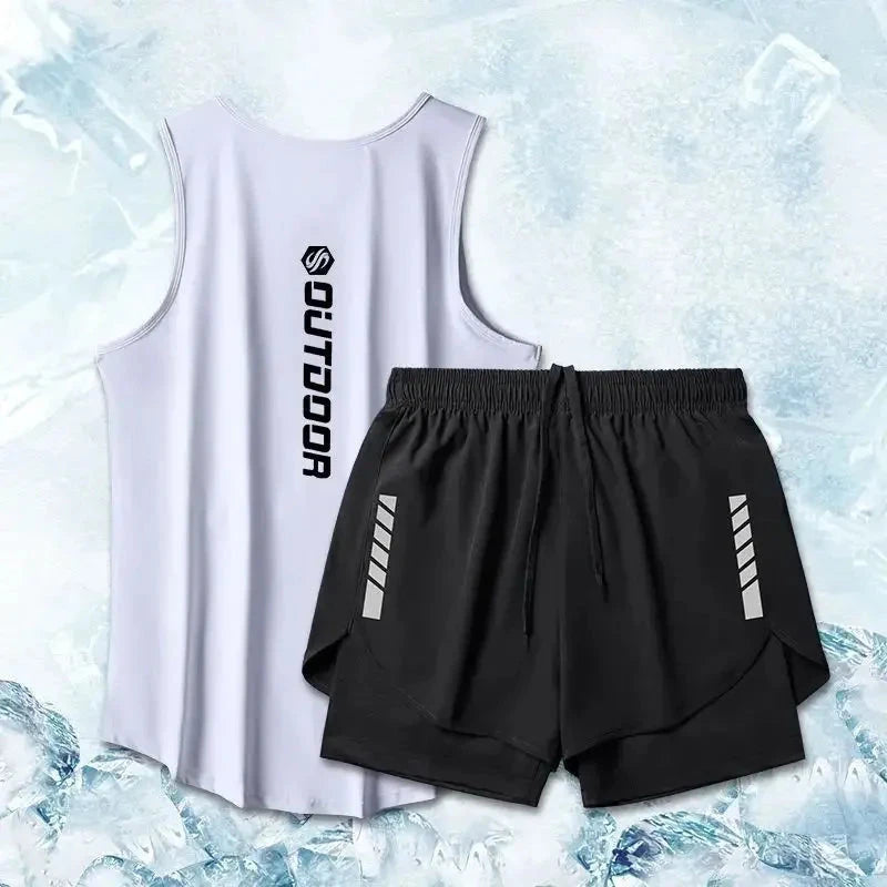 "White vest and black shorts from men's summer quick drying two-piece sport suit set, designed for breathable fitness performance."
