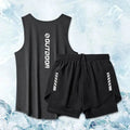 "Black vest and black shorts from men's summer quick drying sport suit set, ideal for running and gym workouts with mesh ventilation."