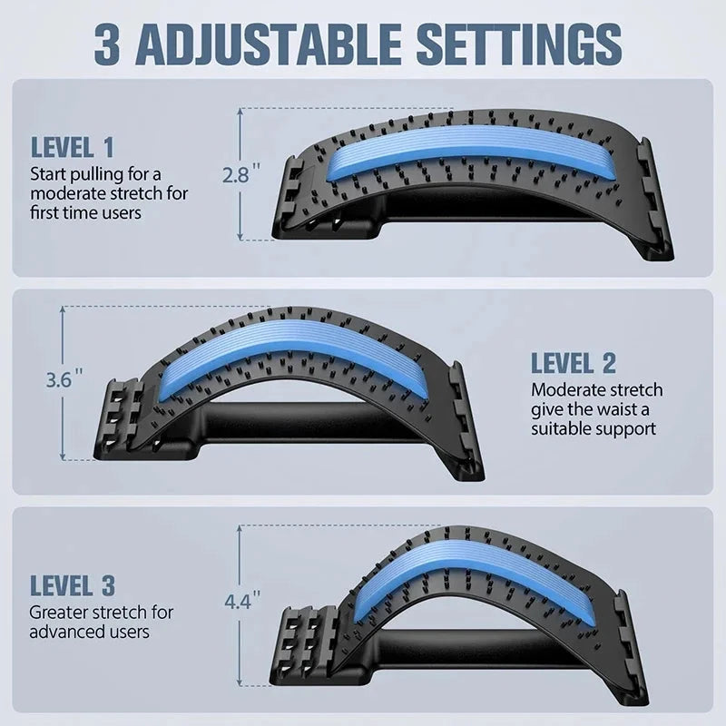 "Three adjustable settings of Four Level Adjustable Massager with Back Stretcher Waist Neck Support for different stretch intensities."