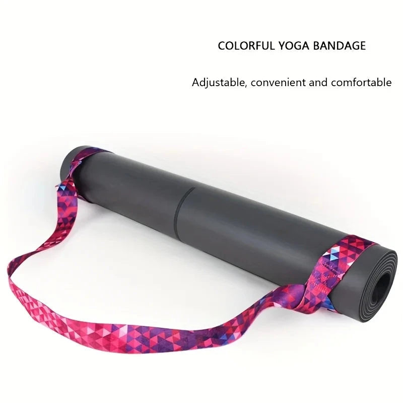 "Black rolled yoga mat with colorful adjustable yoga strap for easy transport. Comfortable and stylish yoga mat bundle strap for everyday use."