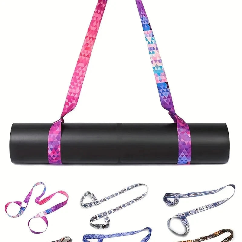 "Black yoga mat secured with a pink geometric adjustable strap, shown with multiple color options. Versatile for carrying and bundling yoga mats."