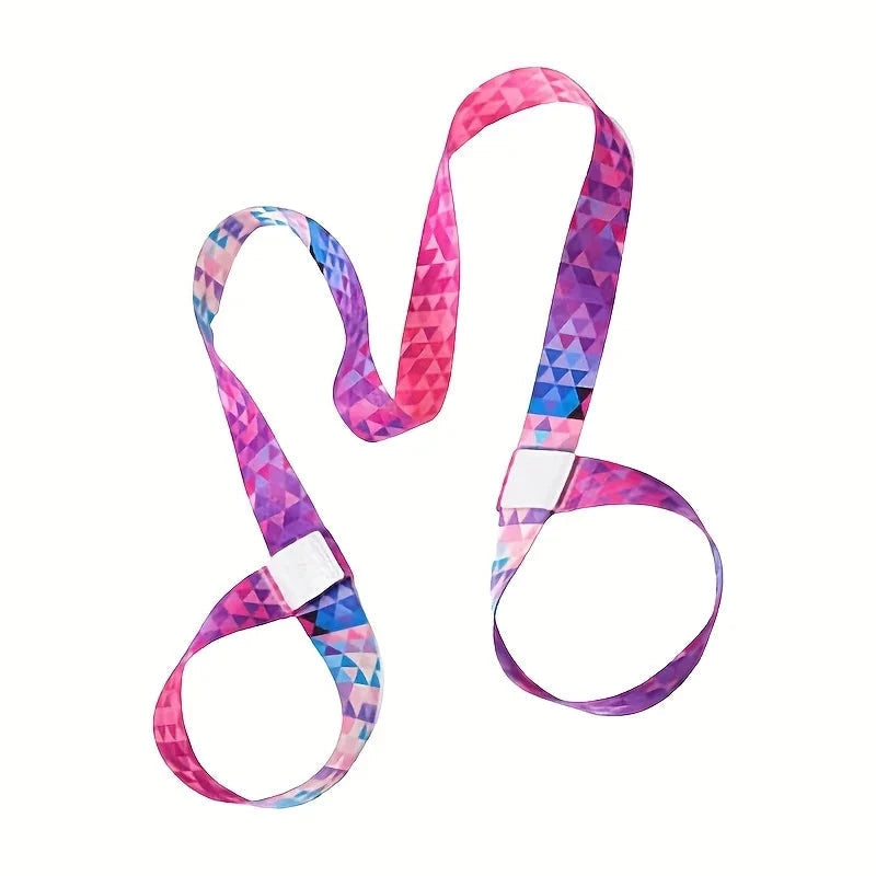 "Pink and purple geometric adjustable yoga mat strap with dual loops for secure mat carrying. Lightweight and multifunctional for yoga and fitness use."