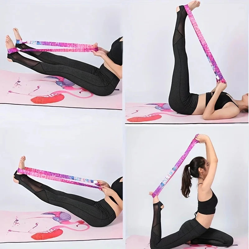 "Woman demonstrating yoga poses using a pink adjustable yoga mat strap for stretching and flexibility training. Great for home workouts and yoga sessions."