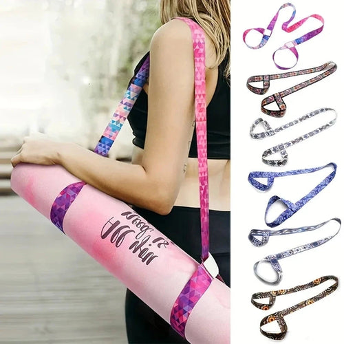 "Adjustable yoga mat strap in pink geometric pattern used as a shoulder strap for carrying a rolled yoga mat. Ideal for fitness and travel convenience."