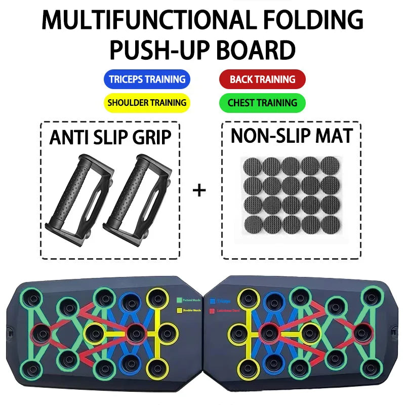 Multifunctional folding push-up board with anti-slip grip and non-slip mat features on a white background.