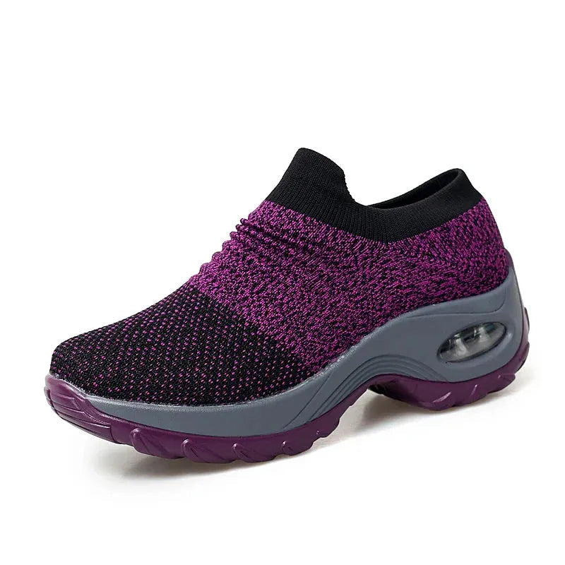 "Women Sneakers Fashion Breathable Walking Mesh Platform Shoes in black with slip-on design and cushioned sole for gym or casual wear."