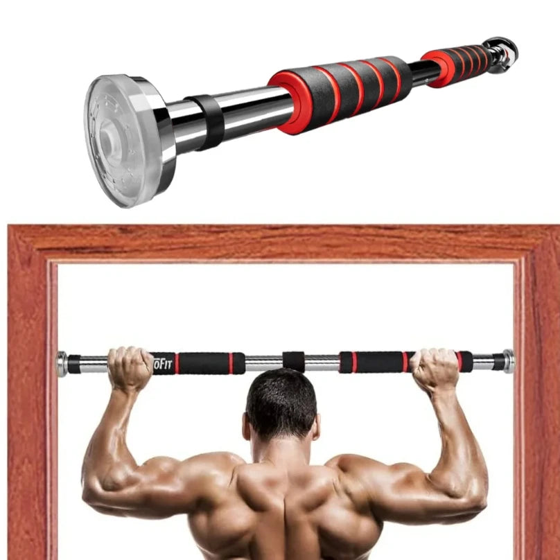 Fitness bar with red and black grips on a white background, with a man using it in the background.