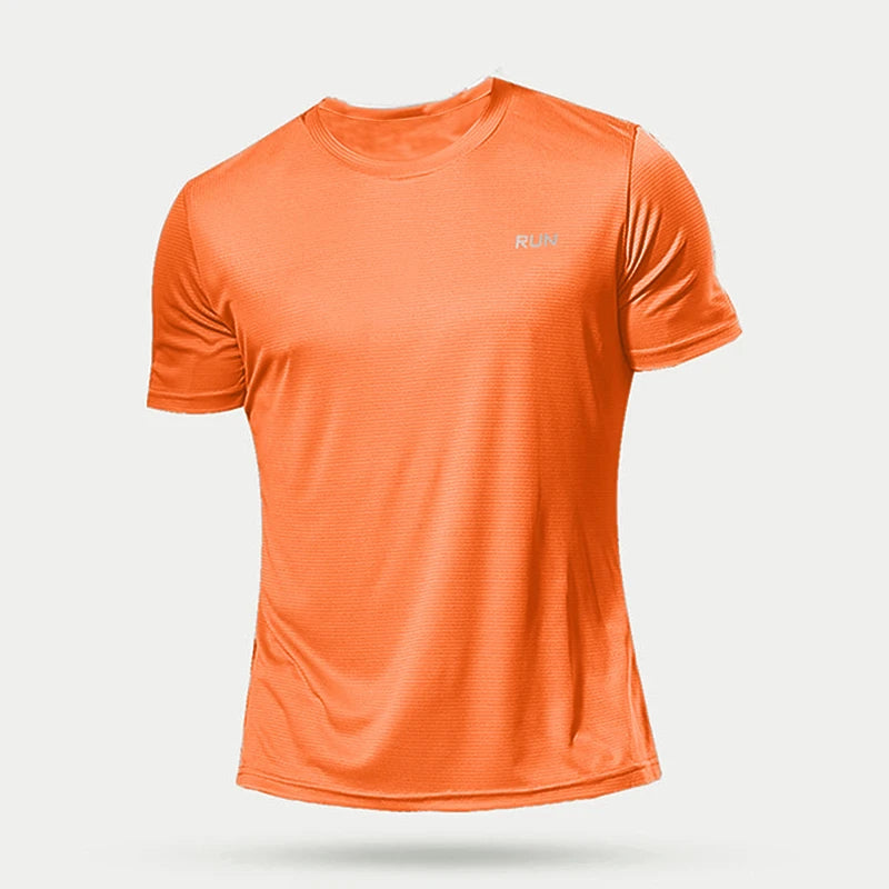 Orange athletic shirt with a brand logo on a light gray background