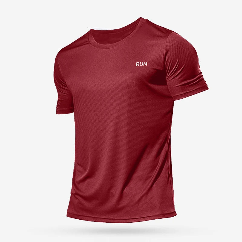Red athletic shirt with 'RUN' text on a white background