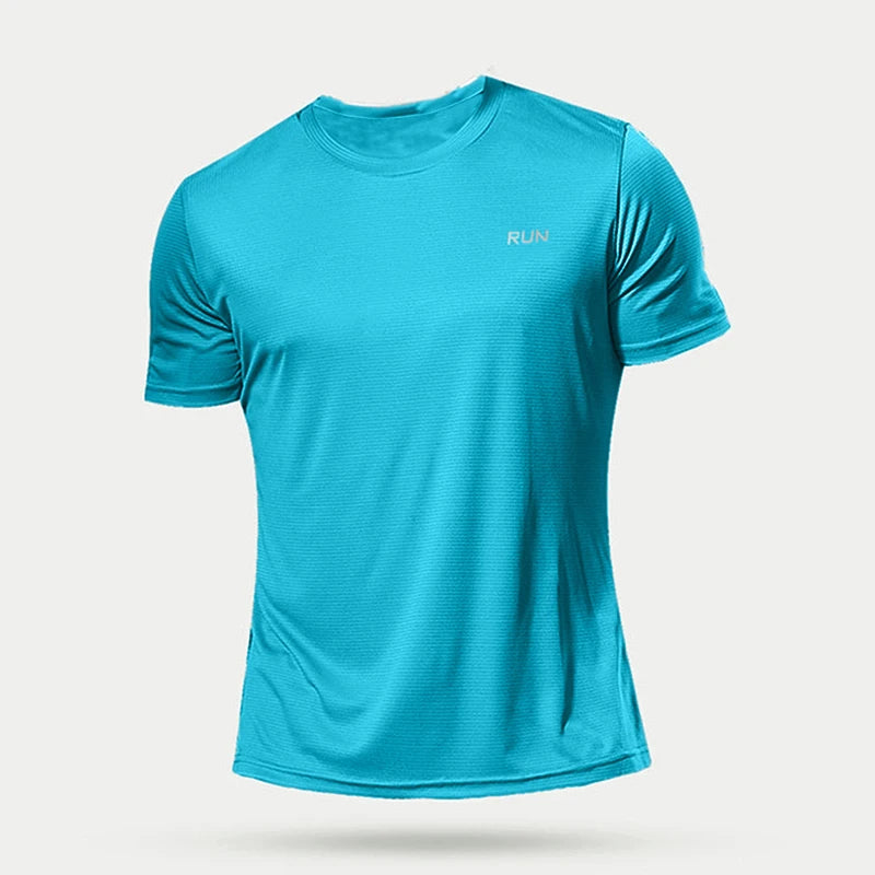 Blue athletic shirt with 'RUN' text on a light gray background