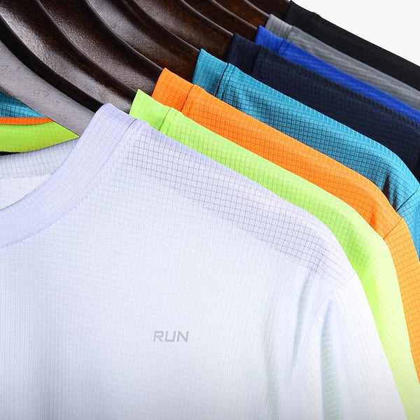 Colorful athletic shirts on hangers with 'RUN' text.