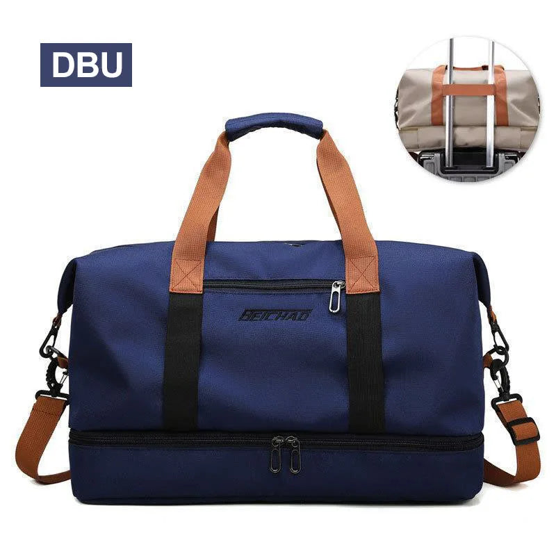 Blue duffel bag with brown handles and straps on a white background, featuring the brand 'DBU'.