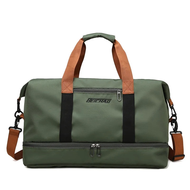 Green duffel bag with brown straps on a white background