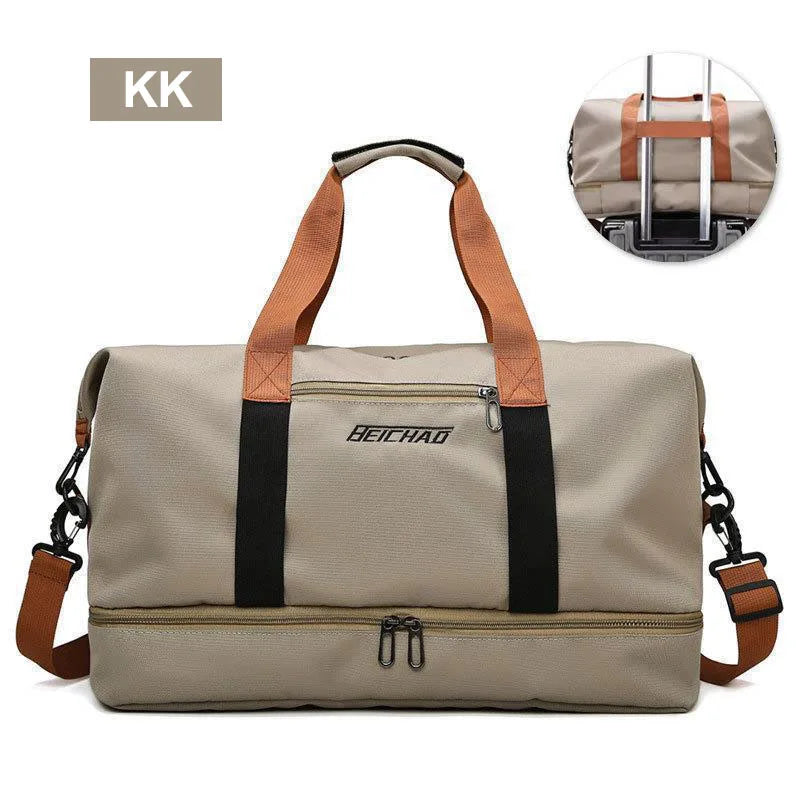 Beige duffel bag with brown straps and black zippers on a white background