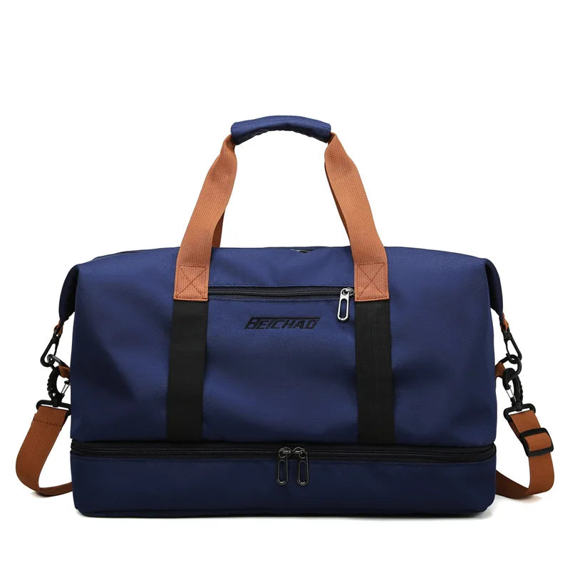 Blue duffel bag with brown handles and straps on a white background