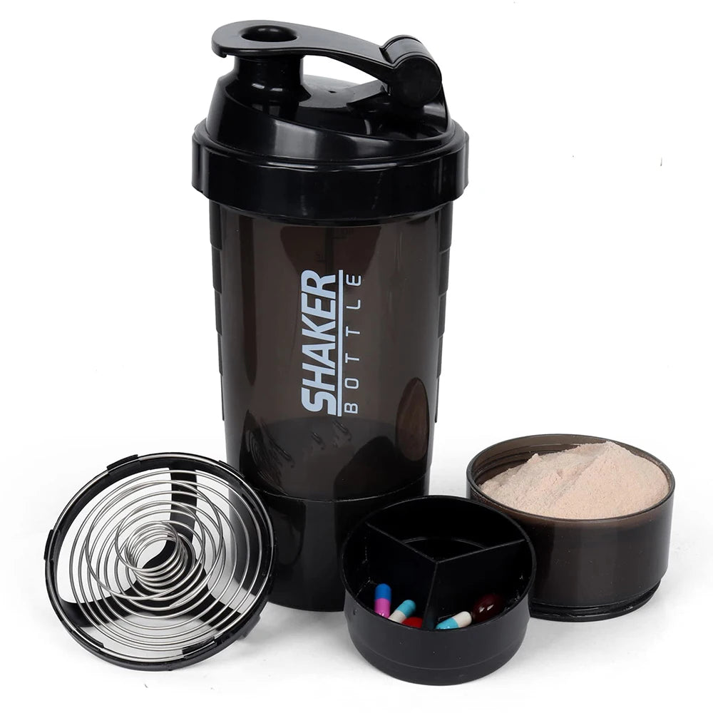 Black shaker bottle with accessories on a white background