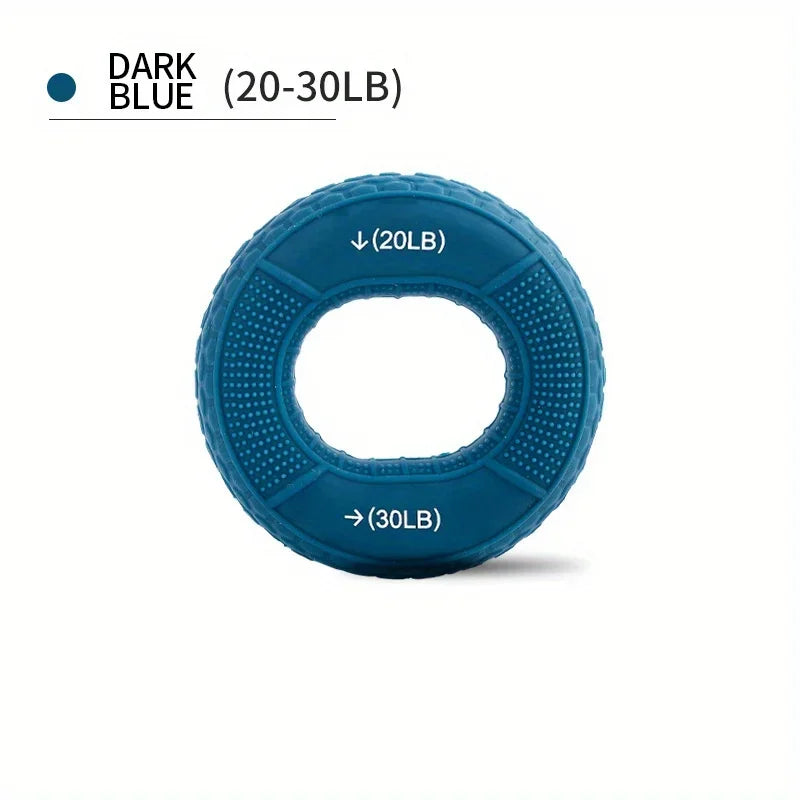 Dark blue hand gripper with labeled weight capacity on a white background