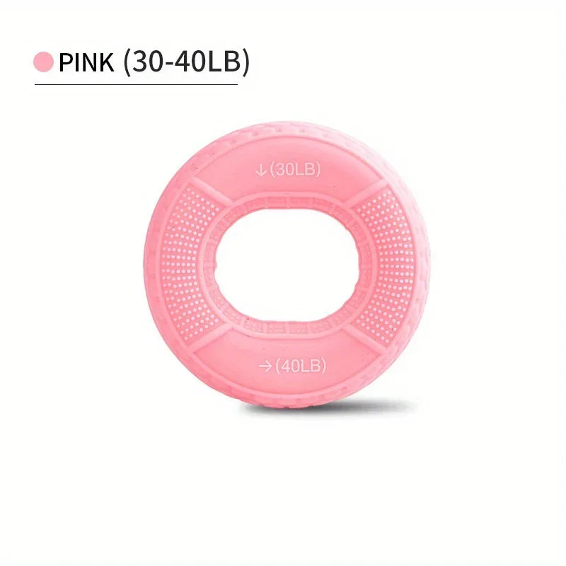 Pink hand gripper with labeled weight capacity on a white background