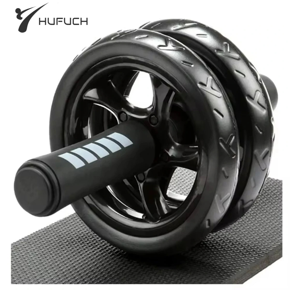 Black ab roller with HUFUCH branding on a white background