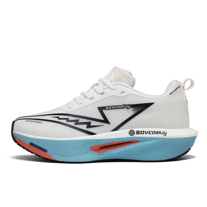 White running shoe with blue and red sole on a white background