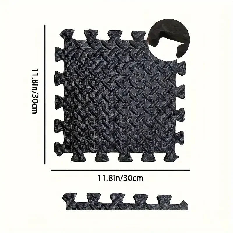 Black interlocking foam mat with measurements on a white background