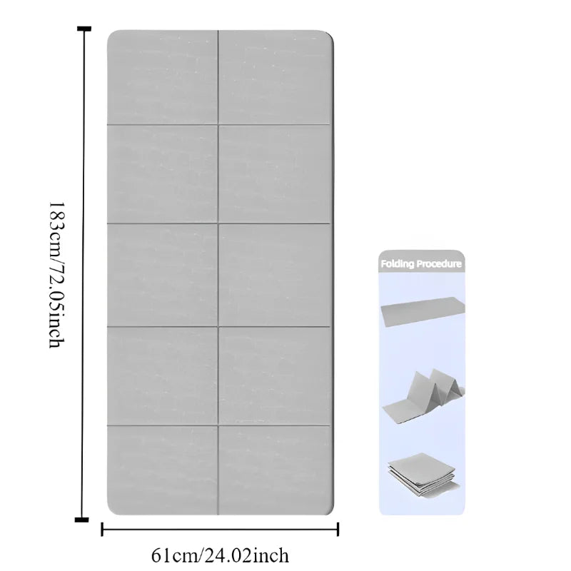 Gray folding mat with dimensions and folding instructions on a white background