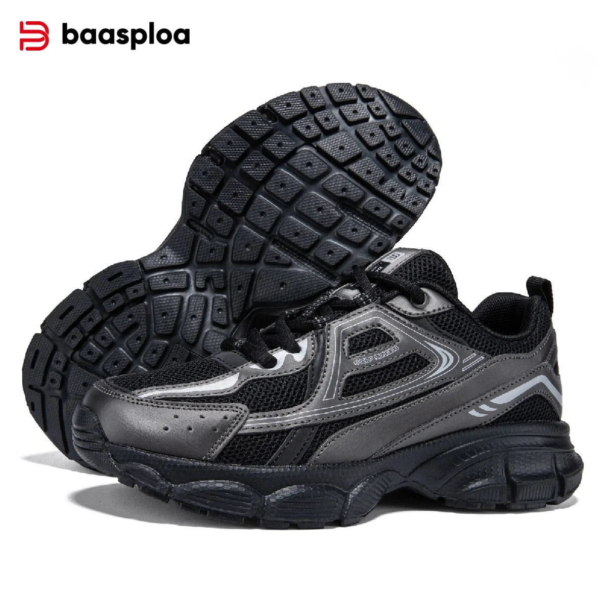 Black and gray athletic shoes with 'baasploa' branding on a white background