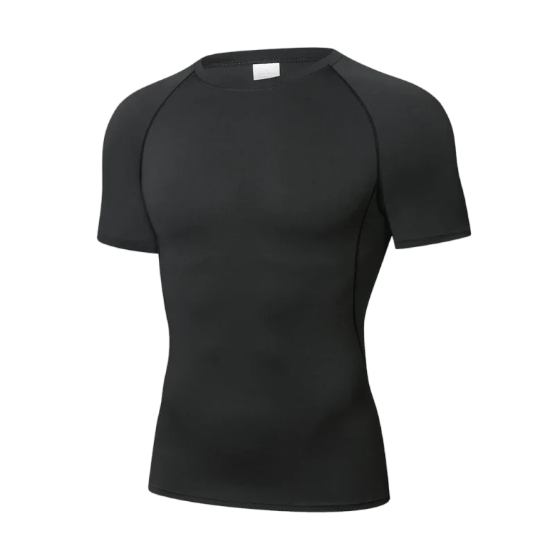 Black short-sleeve athletic shirt on a white background