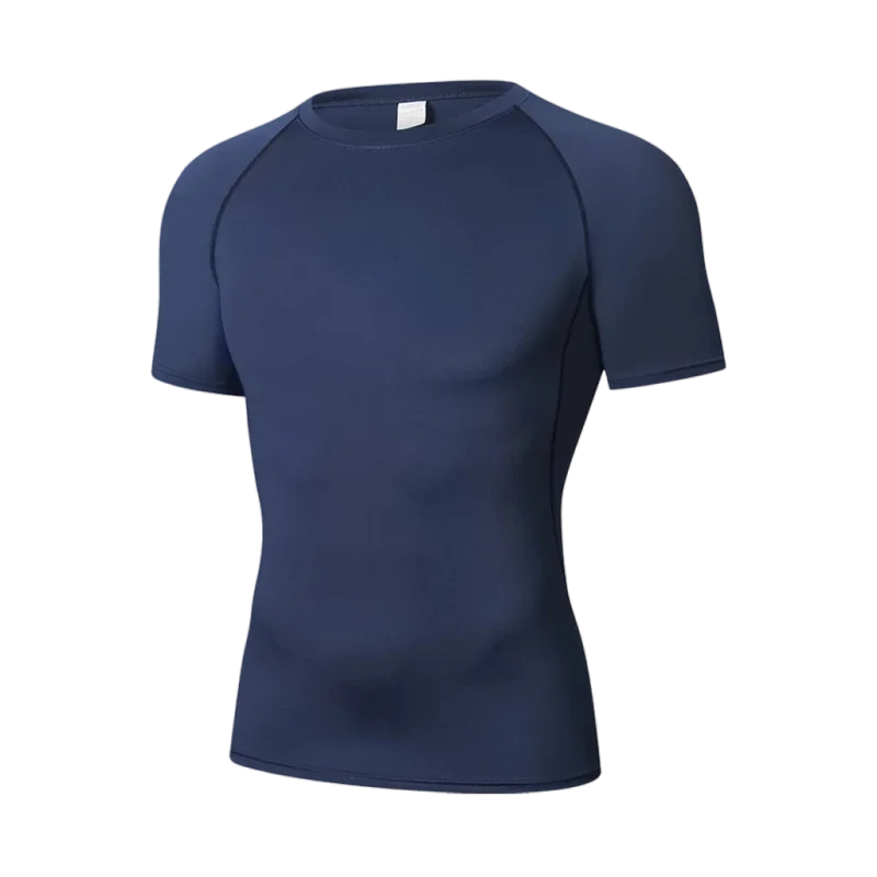 Navy blue athletic shirt on a white background