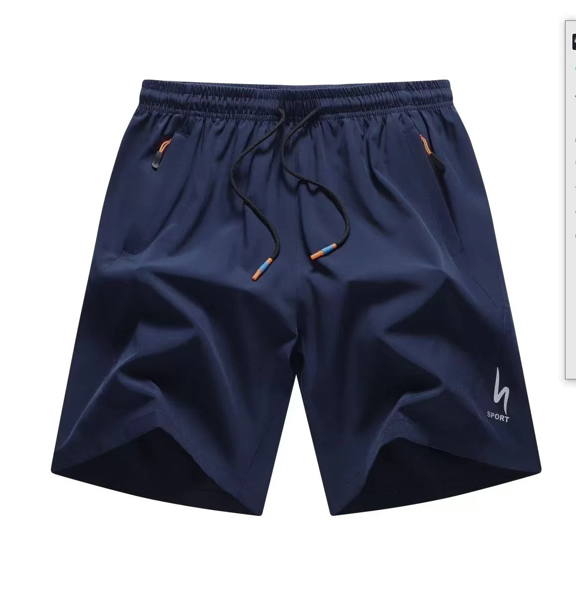 Navy blue shorts with drawstring on a white background