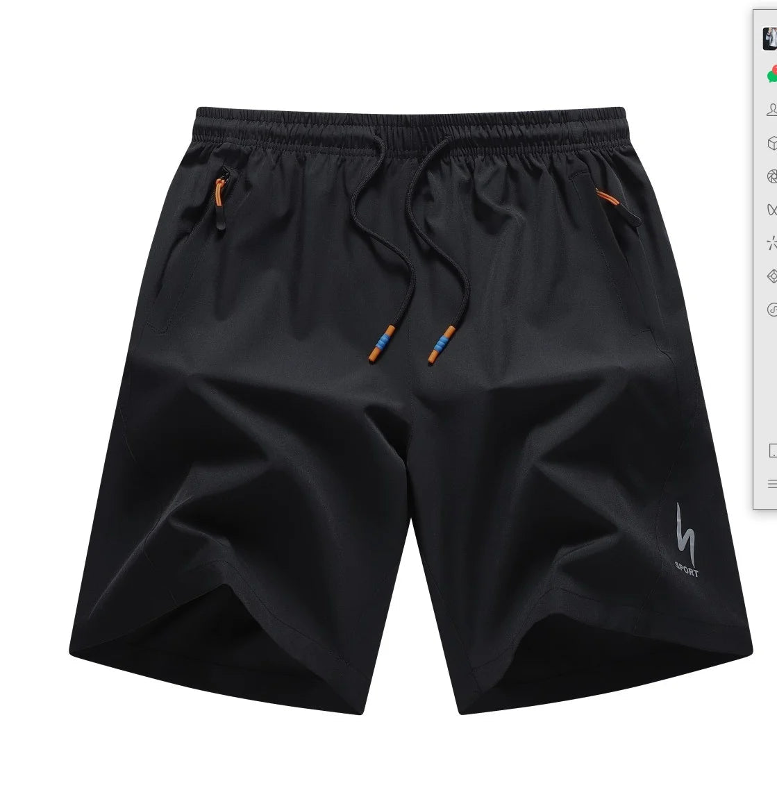 Black shorts with drawstring on a white background