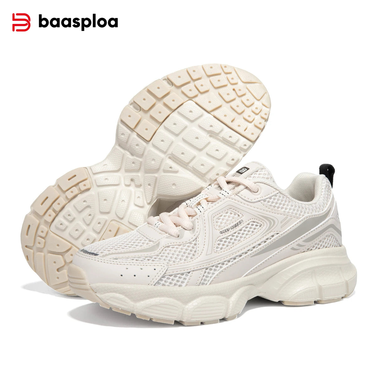White sneakers with beige soles on a white background, featuring the brand 'baasploa'.