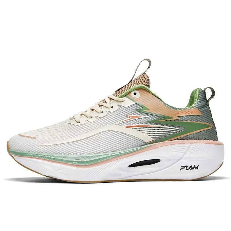 A single running shoe shown in profile against a plain white background. The shoe features a light beige and white mesh upper with green and peach accents, a white FLAM midsole, and a green and gray heel collar.