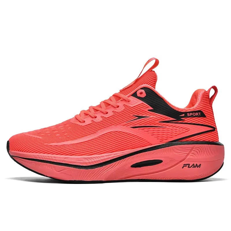 Bright pink running shoe with black accents on a white background