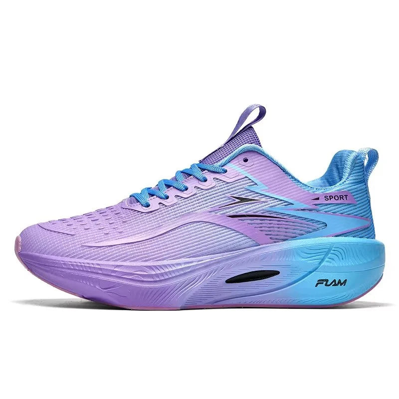 A single athletic sneaker shown in profile against a plain white background. The shoe features a purple and light blue gradient upper with matching purple and blue laces, a thick light blue and purple midsole, and visible FLAM branding on the heel.