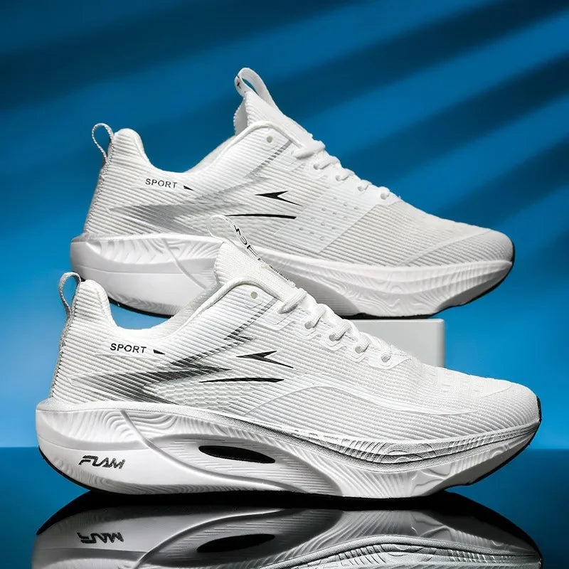 A pair of white athletic sneakers with black graphic accents and the word 'SPORT' on the heel, displayed on a reflective surface against a blue background.