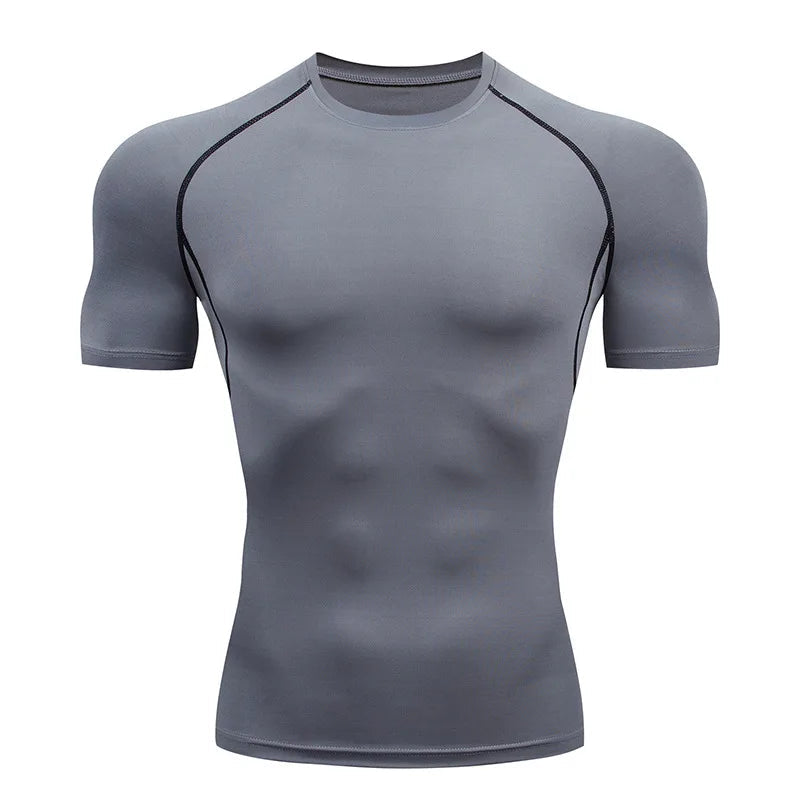 Gray compression shirt with black accents on a white background